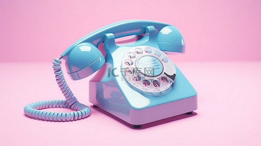 粉红色背景，带有复古双色调风格的蓝色复古旋转电话的 3D 渲染