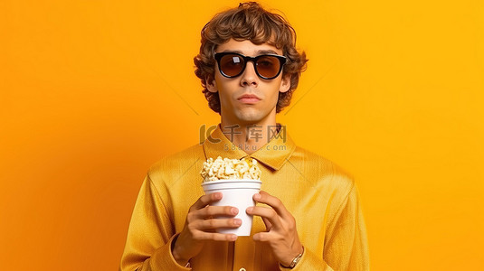 一个潇洒男子拿着爆米花和 3D 眼镜靠在黄色墙上的特写