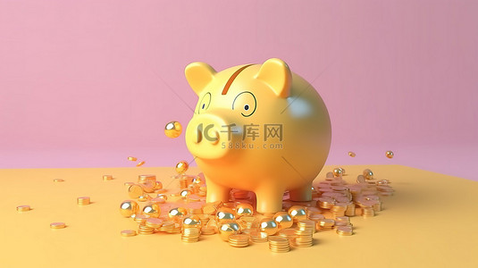 卡通风格 3D 渲染存钱罐和硬币描绘背景金融投资的概念