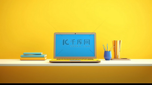 蓝色笔记本电脑背景图片_带有黄色和蓝色笔记本电脑的办公桌的 3D 渲染