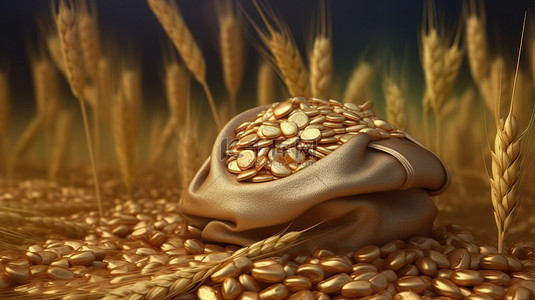 股票金币背景图片_金币和证券装在小麦袋中 3D 插图