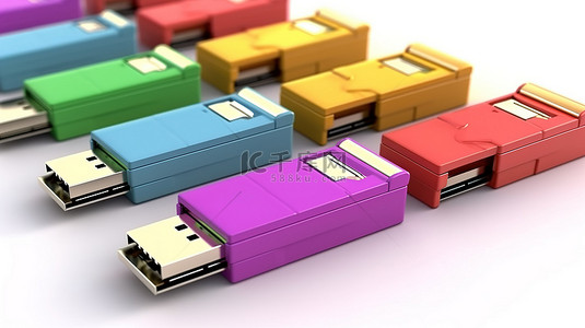 商业的本质背景图片_充满活力的 USB 闪存驱动器和色彩缤纷的办公文件夹说明了计算机业务 3D 渲染的本质