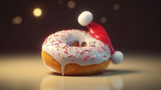 圣诞食物背景图片_圣诞老人帽子甜甜圈在 3D 渲染中的节日圣诞大餐