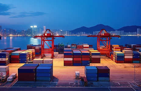 码头夜景背景图片_香港的重型集装箱运输