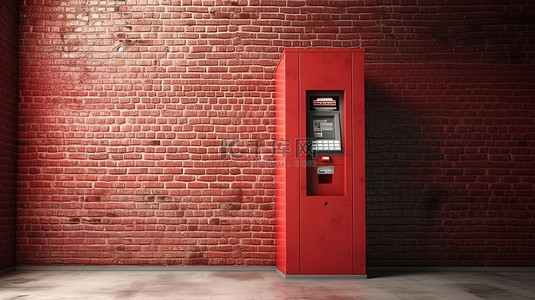 砖墙前 ATM 机的 3D 渲染，带有红色银行徽标