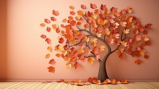 秋天风景背景图片_3d 渲染的树木和秋叶的卡通背景