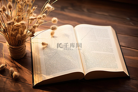木书背景图片_一本打开的书和木桌上的干花