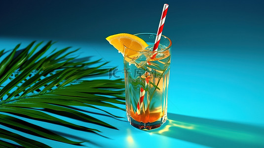 蓝色背景上带有冰稻草和热带叶阴影的鸡尾酒的 3D 渲染