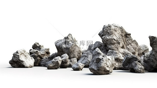 落石背景图片_具有孤立效果的白色背景上真实岩石的 3D 渲染