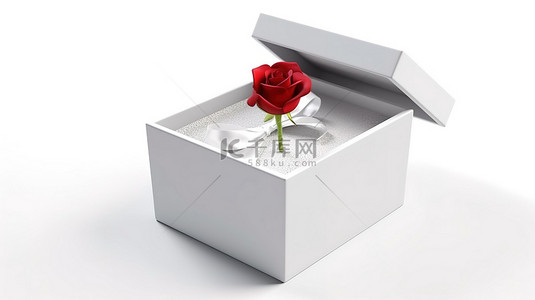 白色背景上打开的带有红色蝴蝶结的白色礼品盒的 3D 插图
