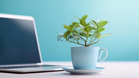 浅蓝色桌面背景上笔记本电脑白咖啡杯和小植物的 3D 渲染