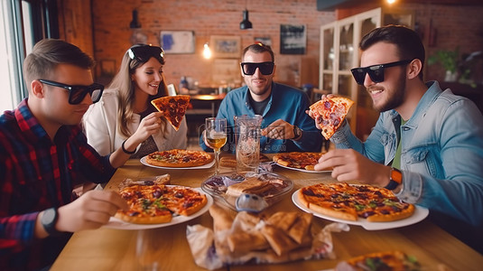 披萨和虚拟现实朋友在咖啡馆享用
