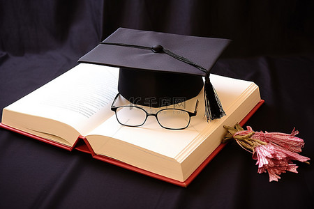 毕业帽和眼镜位于一本打开的书上
