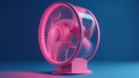 3D 渲染中蓝色背景下的粉红色电风扇