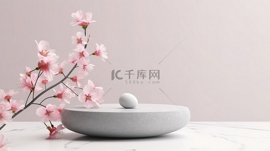 优雅的石质平台，花朵盛开，白色背景 3D 渲染上的最小产品展示