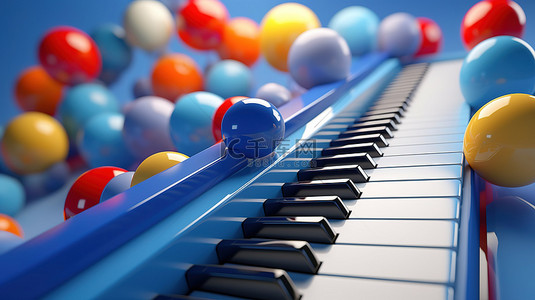 蓝色磁带和钢琴键与蓝色背景 3D 渲染上的彩色球形成对比