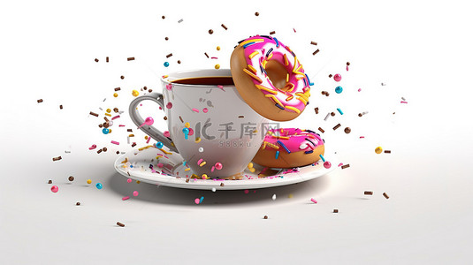 色彩缤纷的甜甜圈在一杯原始的白色咖啡上方翱翔，代表着在孤立背景上的 3D 插图中描绘的清爽休息