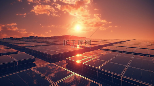 风景优美的日落与蓝天照亮了太阳能发电技术与太阳能电池板模块替代能源的 3D 渲染