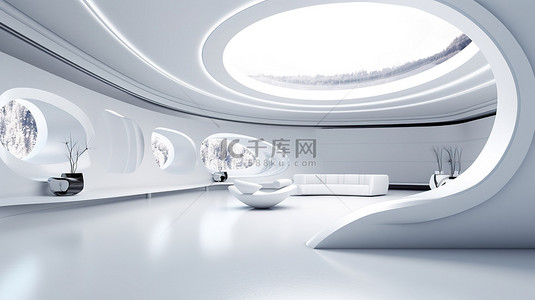 时尚和现代的未来派室内设计 3D 渲染和抽象白色科幻场景中的插图