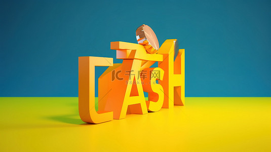 黄色和橙色箭头上现金返还文本的 3d 渲染，以及蓝色背景上的周围硬币