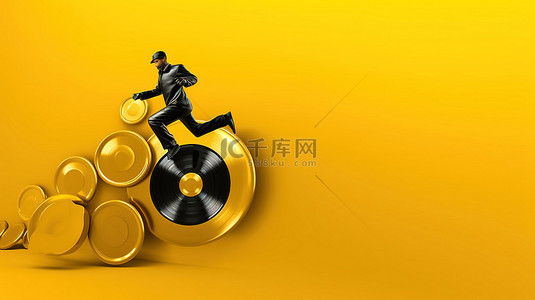 金色乙烯基唱片从黑色跳板跳到黄色背景上的 3D 渲染