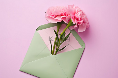 打开绿色信封中的粉色康乃馨