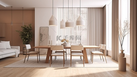smart模型背景图片_现代客厅和餐厅采用白色米色和棕色 3D 渲染和插图模型