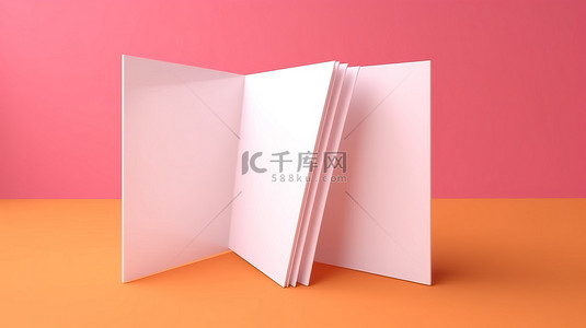 准备开抢背景图片_白色折叠的空白小册子纸设置在充满活力的粉色和橙色背景上，准备好以 3D 呈现的设计