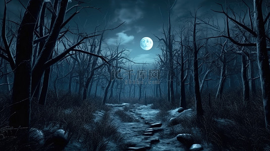森林月亮背景图片_满月 3d 渲染下的阴沉森林
