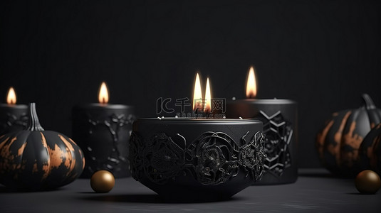 万圣节装饰设计 3D 渲染的带有黑色支架的蜡烛