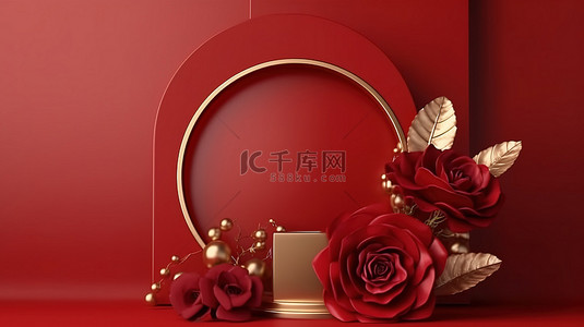 奢华框背景图片_优雅的情人节展示红玫瑰和金框模型，带有一丝奢华