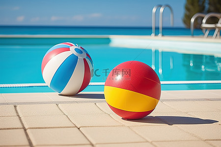 暑假结束背景图片_泳池边的彩色沙滩球