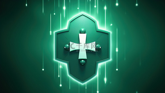 绿色安全护盾背景图片_3d 渲染绿色盾牌上白色加号的插图，用于医疗保健保护和保证