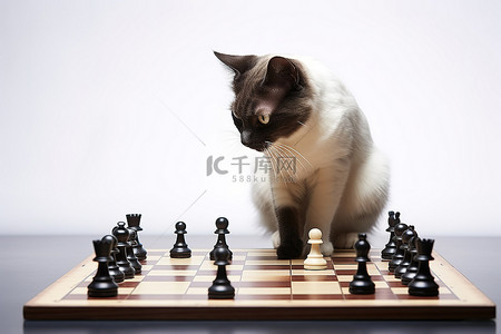一只猫正在棋盘上下棋