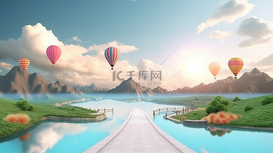壮丽风景背景图片_旅行和度假广告 3D 插图中漂浮道路的壮丽景色