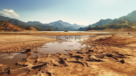 山地河流背景图片_干旱中贫瘠的山水和湖泊 3D 渲染描绘环境灾难