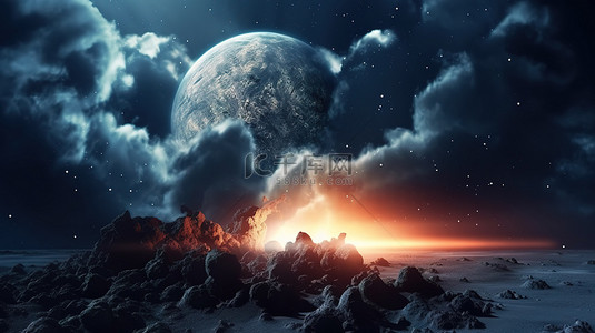天体碰撞流星和多云满月夜的 3D 插图