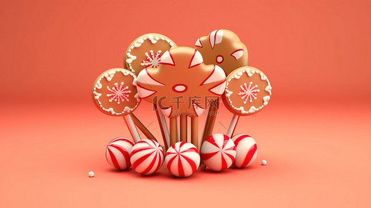 姜饼圣诞饼干装饰着糖果棒棒糖，背景是米色背景的拐杖糖，包含在 3D 渲染中