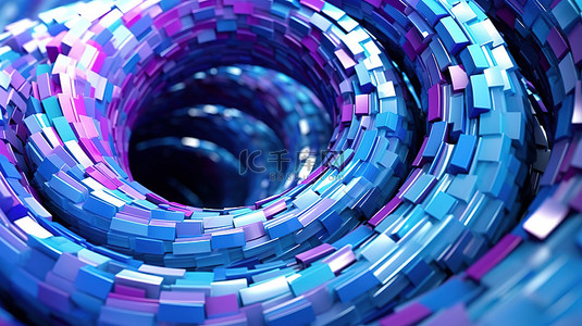 背景科技蓝背景图片_闪闪发光的蓝色和紫色块螺旋的抽象 3D 渲染