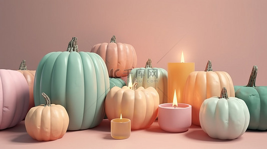 秋天海报背景图片_柔和的彩色背景与南瓜和蜡烛的 3d 渲染