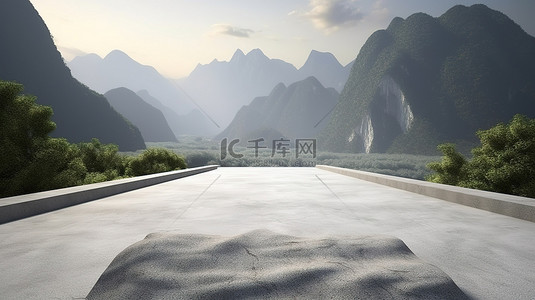 路上背景背景图片_3D 渲染图像中荒凉山路上的汽车显示