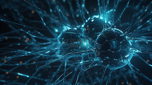 科技感色背景图片_人工神经通路 3D 渲染蓝色发光突触和传输线抽象低聚空间与连接点和线