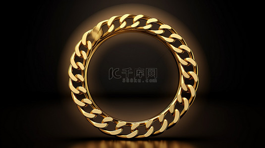 白色发光的圆背景图片_装饰着闪闪发光的金链的圆形框架的 3D 插图