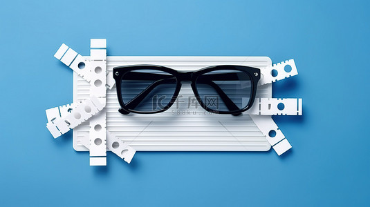 经典蓝色背景上的拍板和带有白色框架的 3D 眼镜的顶部视图，庆祝电影行业和娱乐