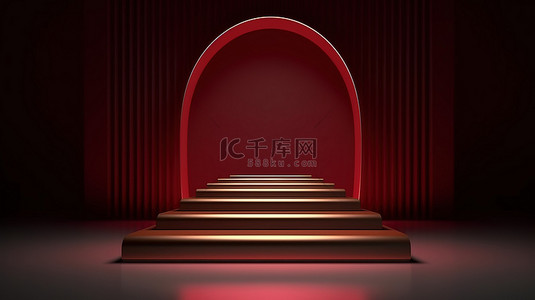深红色线条背景图片_简约奢华的深红色3D产品展示架，金色线条和几何拱门