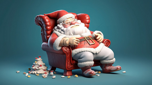 欢快的圣诞老人在椅子上放松，非常适合圣诞节主题卡片横幅和标签 3D 卡通插图