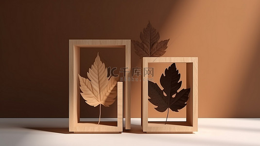 照片展示模板背景图片_高级照片 3 立方体形状的木质讲台模板，采用叶影 3D 渲染