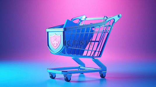 保障消费者权益双色调蓝色购物车，在 3D 渲染的粉红色背景上配有金属防护罩