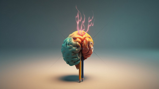 一个在铅笔上翱翔的 3D 渲染大脑角色