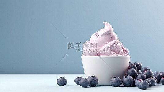 纸杯模型，配有无脂蓝莓和蓝莓冰淇淋以及夏天，靠近横幅，非常适合 3D 渲染